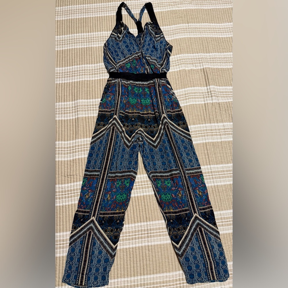 Preowned Anthropologie Boho Festival Stylish Blue Patterned Jumpsuit Size XS
